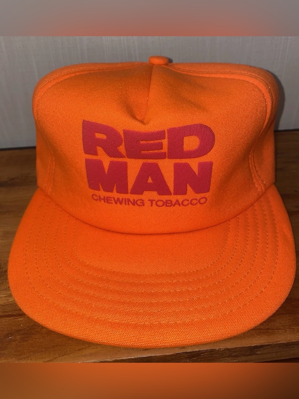 RARE VTG Hunter Orange Red Man Chewing Tobacco Snap Back Hat